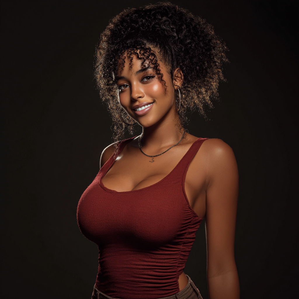 Young woman with curly highlighted hair smiling, wearing a red tank top against a dark background.