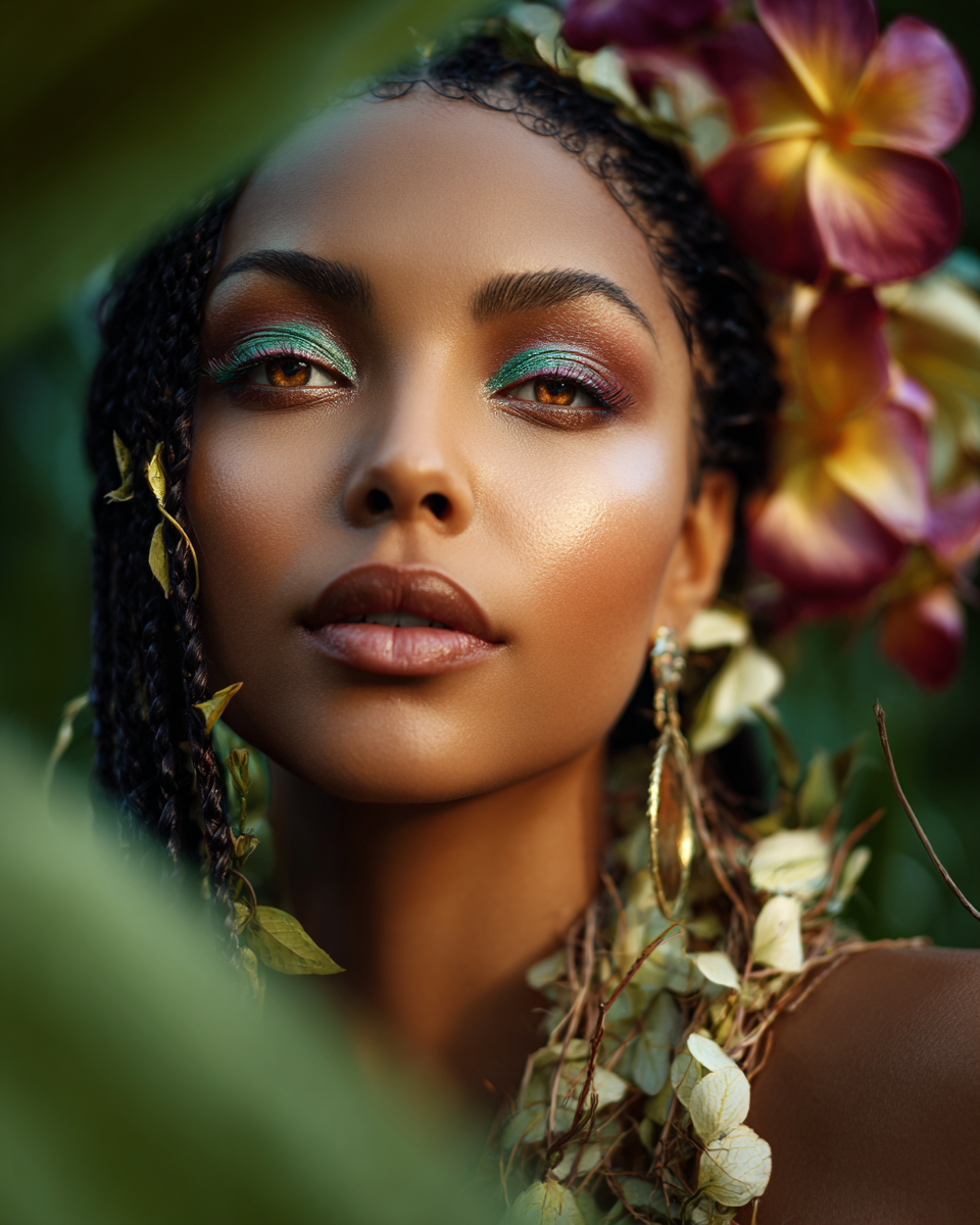 A woman with teal eyeshadow and braids adorned with gold earrings poses among tropical flowers and lush greenery.