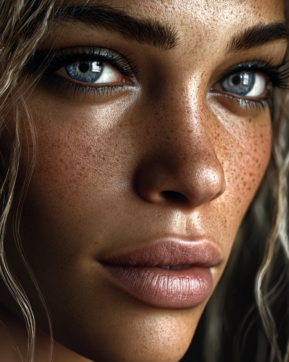Close-up portrait of a young woman with blue eyes, freckles, and wavy blonde hair against a dark background.