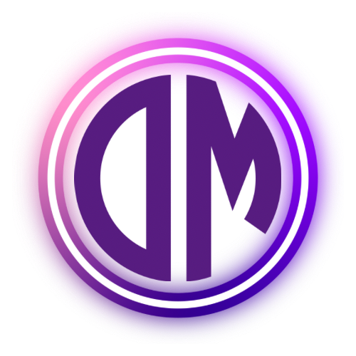 Purple circular DM monogram logo with a glowing pink and violet neon outline on a white background.