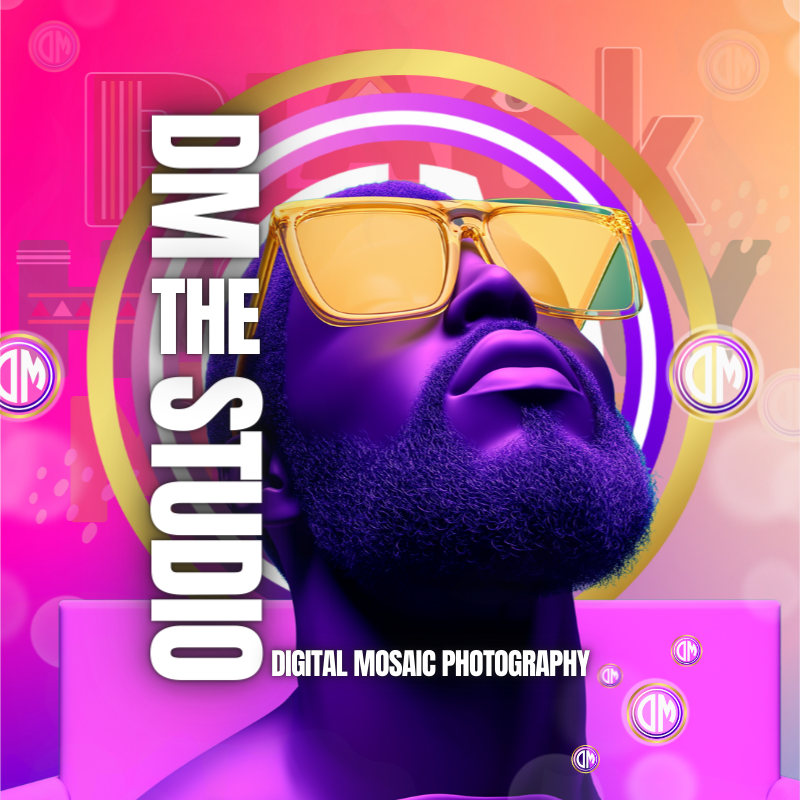 Vibrant pink and purple digital art design featuring sunglasses and DM The Studio text.