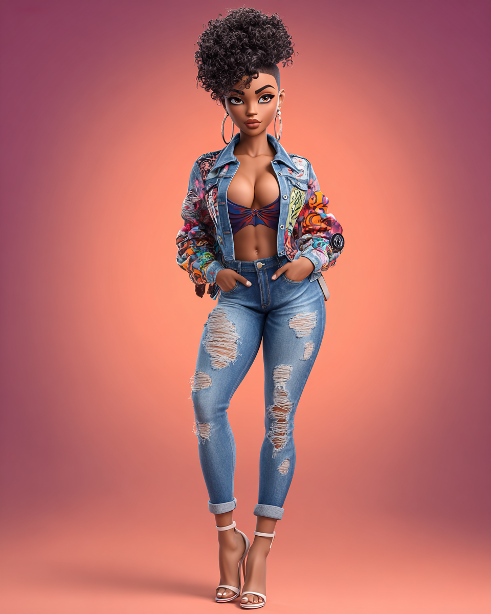 3D animated Black woman in colorful graphic jacket, ripped jeans, and heels posing confidently on pink background.