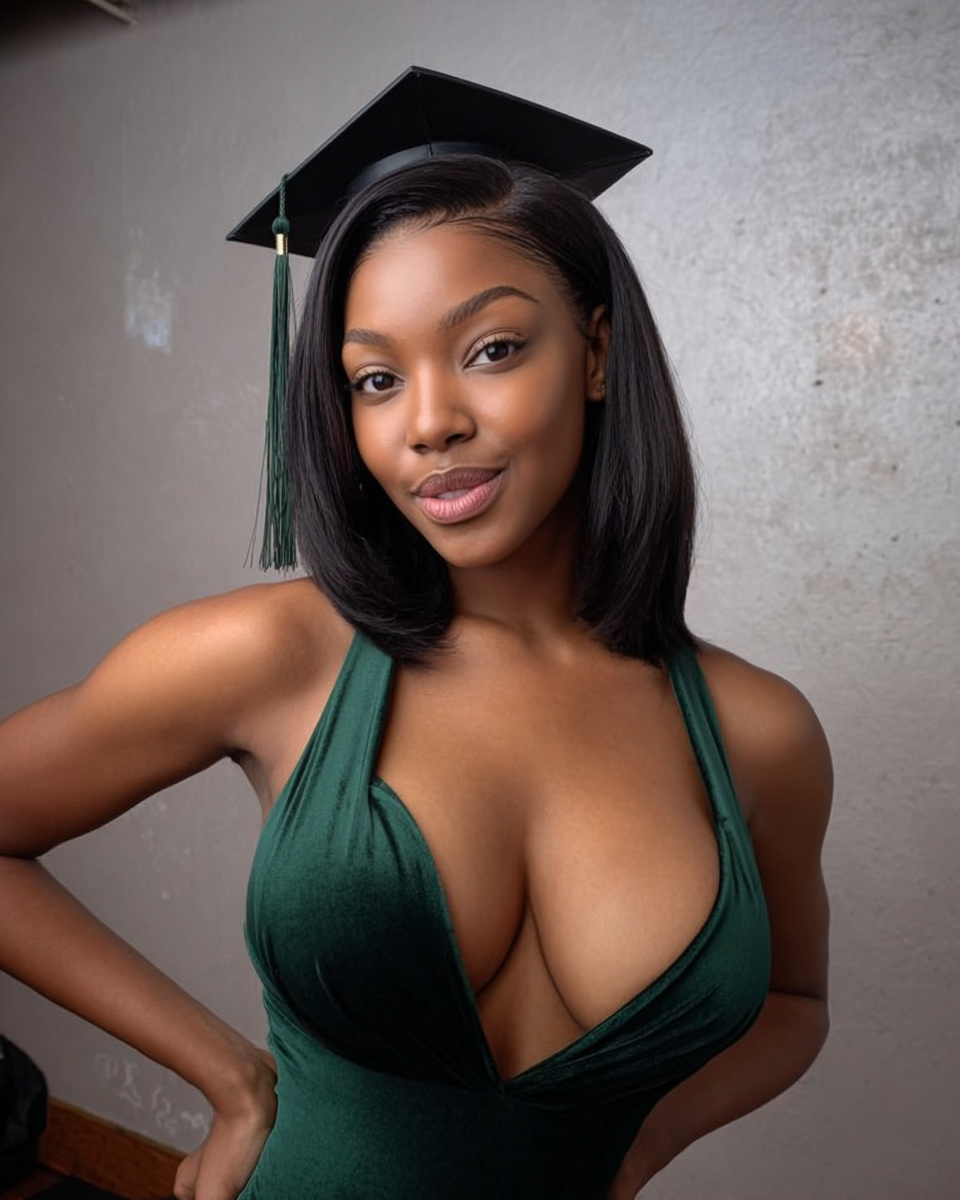 Young woman in a deep green dress and graduation cap smiling confidently for a celebratory photo.