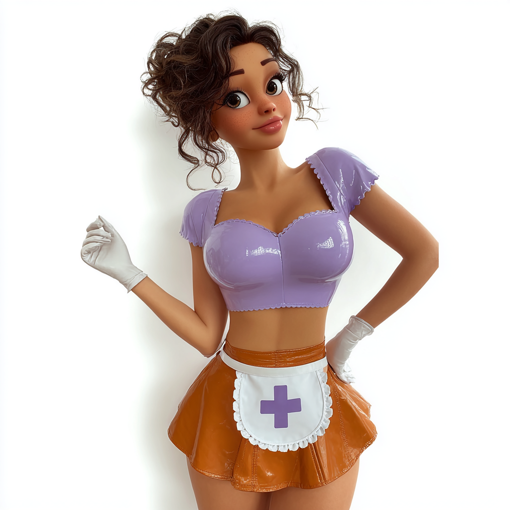 Cartoon nurse character in purple latex top, orange skirt, white apron with cross, and white gloves on white background.