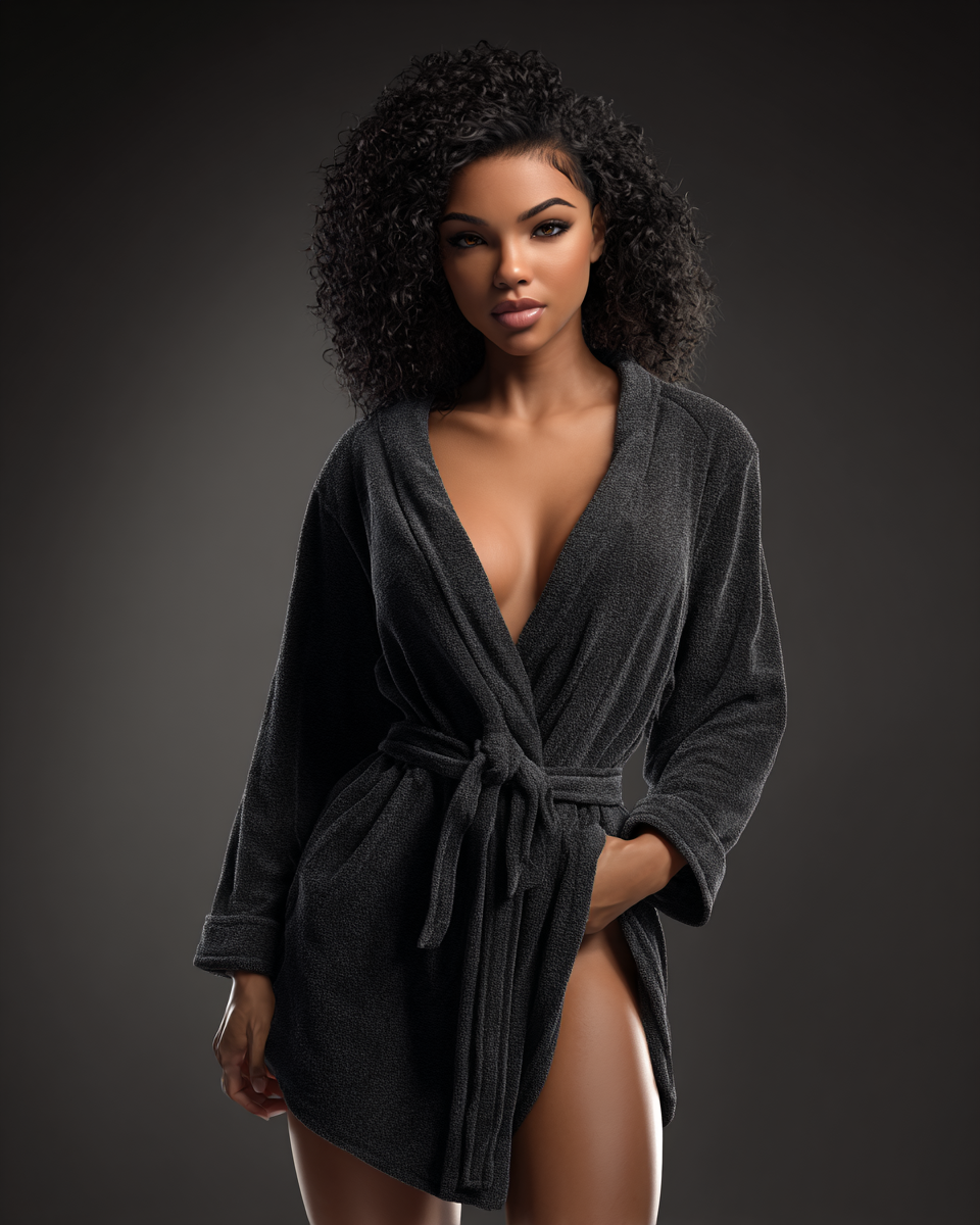 Woman with curly hair wearing a dark charcoal belted robe posing against a gray studio background.