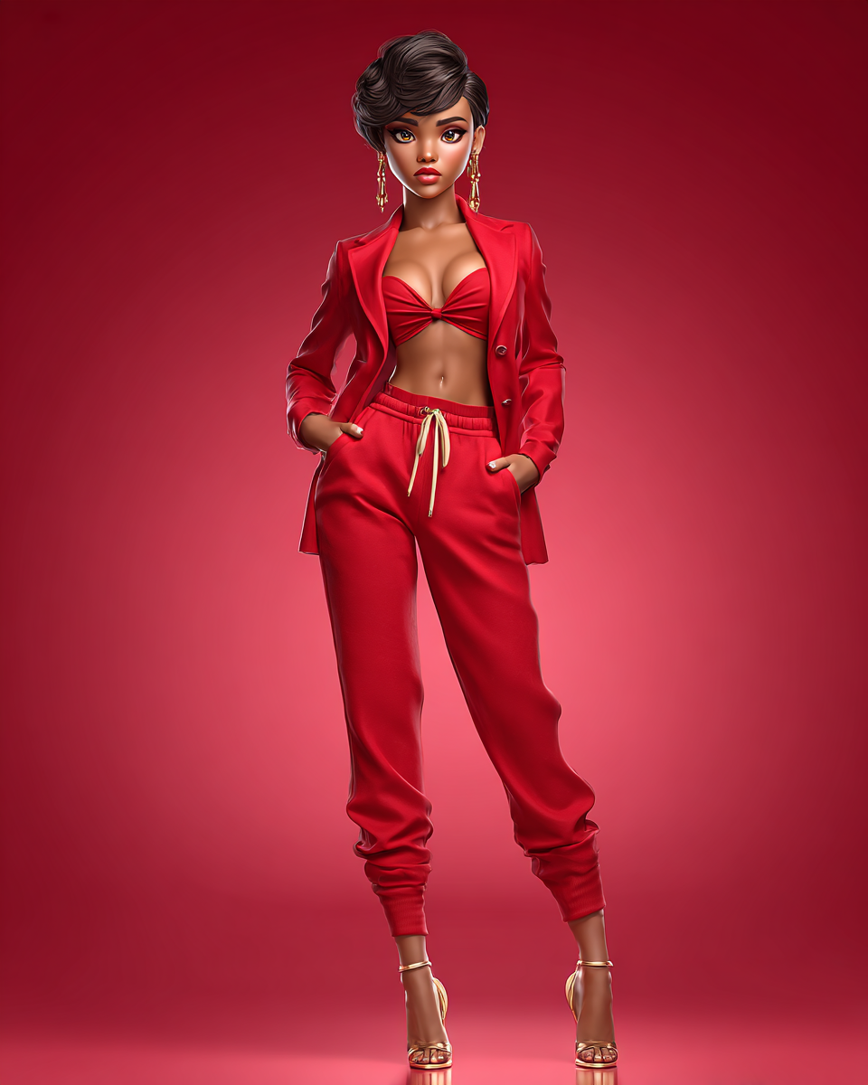 A stylish woman in a red blazer, matching joggers, gold heels, and hoop earrings poses confidently on a red background.