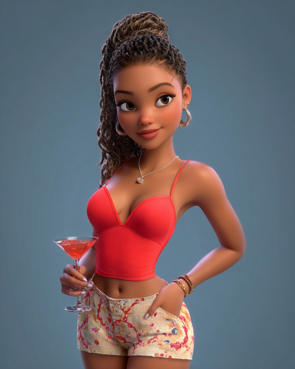 3D animated young woman with braids holding a martini glass, wearing a red crop top and floral shorts.