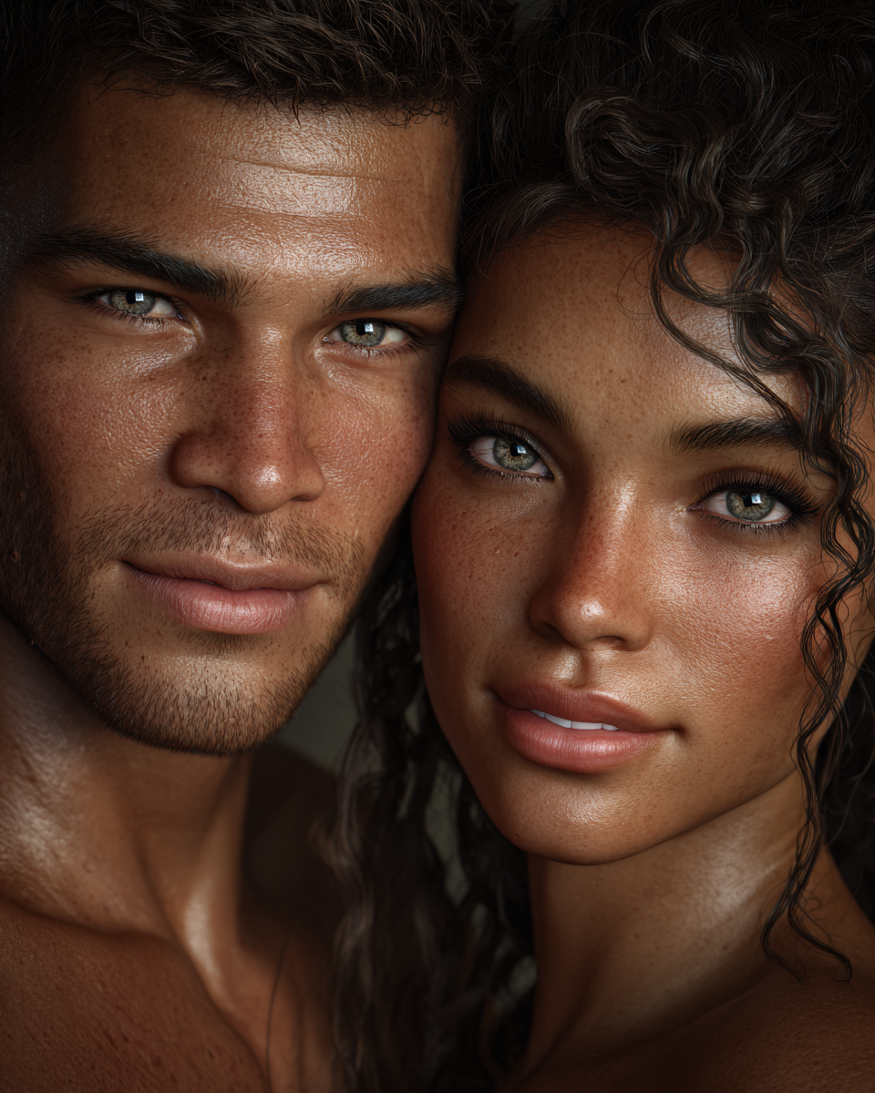 A man and woman with striking green eyes and dark curly hair pose closely together in a warm, intimate portrait.