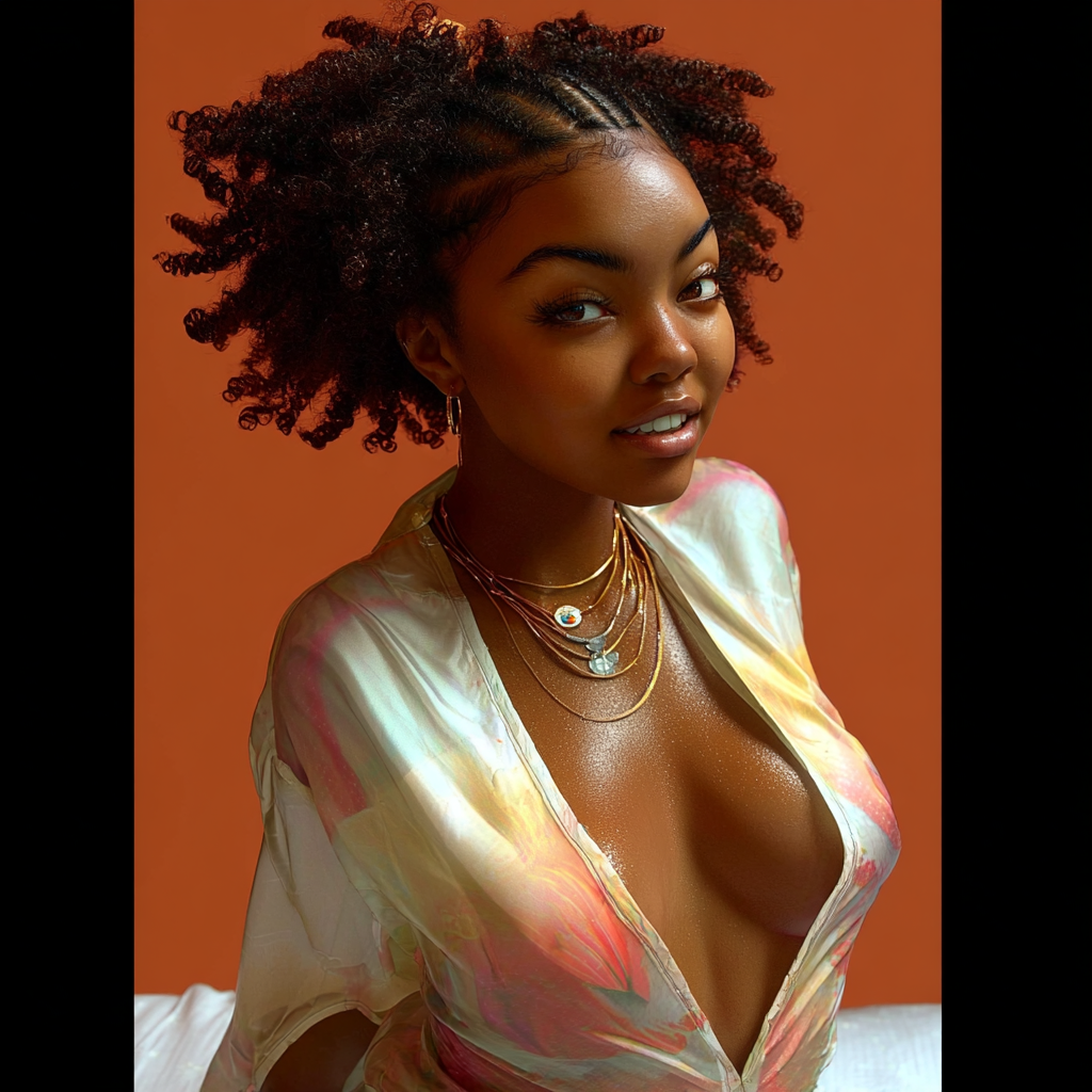 A young Black woman with natural coily hair wearing layered gold necklaces and a colorful iridescent open blouse poses confidently.