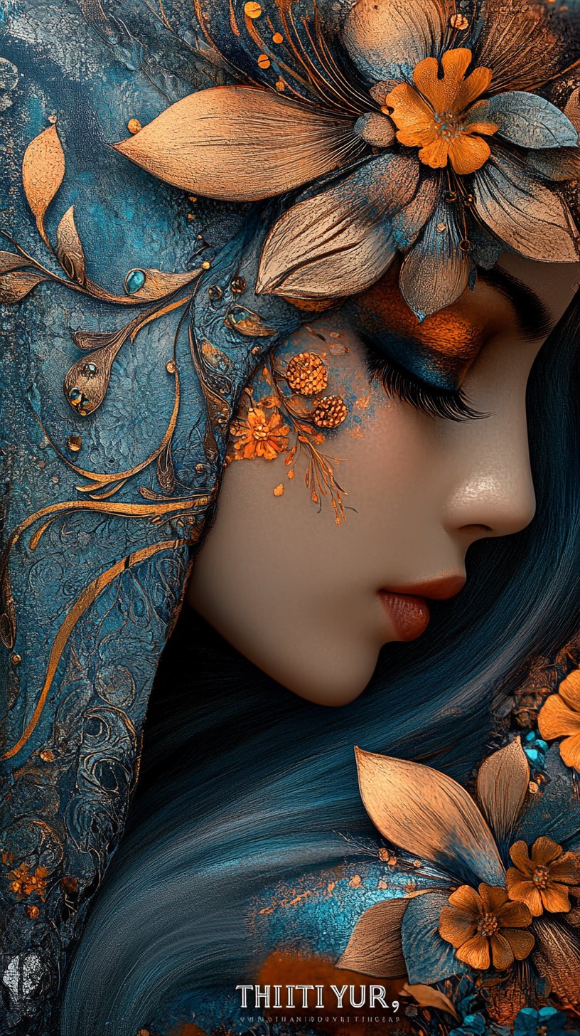 Digital art of a woman in profile with teal hair, adorned with golden orange flowers and intricate floral patterns.