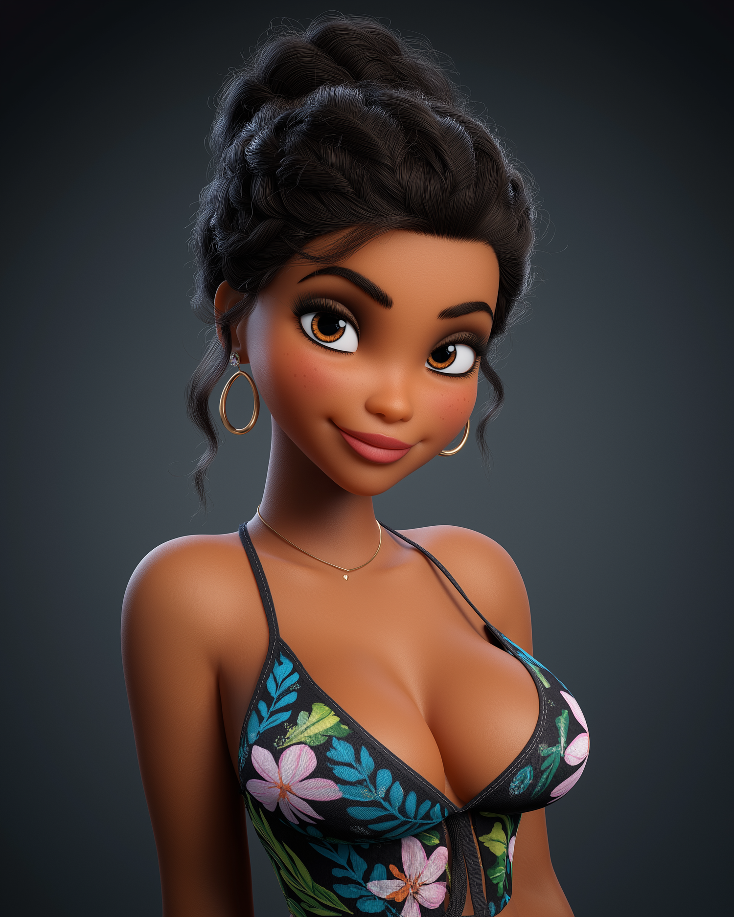3D animated woman with dark updo hair, hoop earrings, and floral bikini top, smiling against gray background.