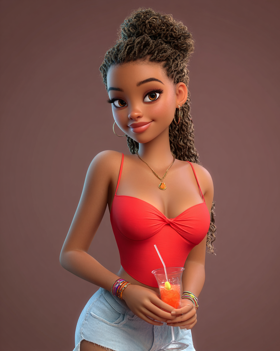3D animated girl with curly updo, red top, denim shorts, holding orange drink, wearing gold jewelry.