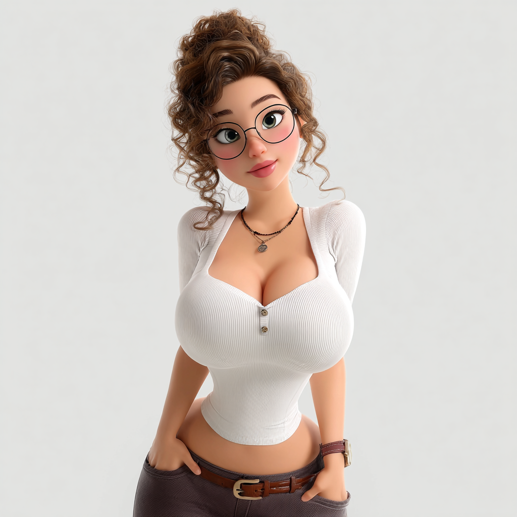 3D animated girl with curly updo, glasses, white top, necklace, and brown belt, stylized cartoon character design.