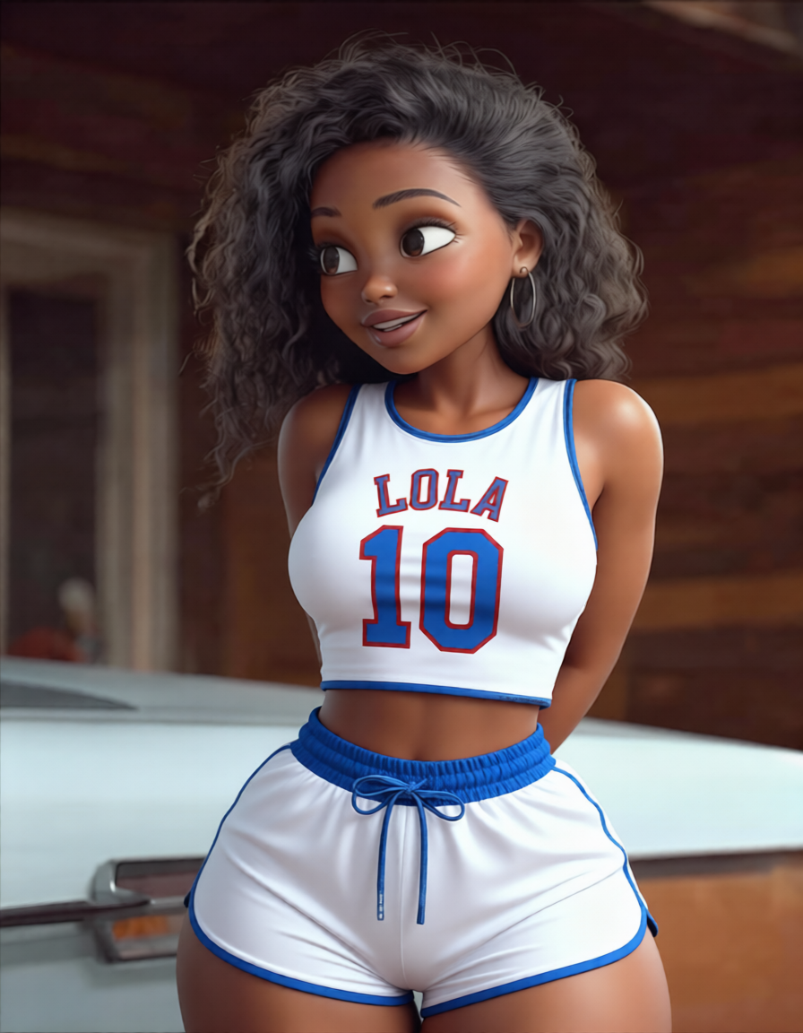Animated 3D character Lola wearing white and blue jersey number 10 with matching shorts, curly hair.