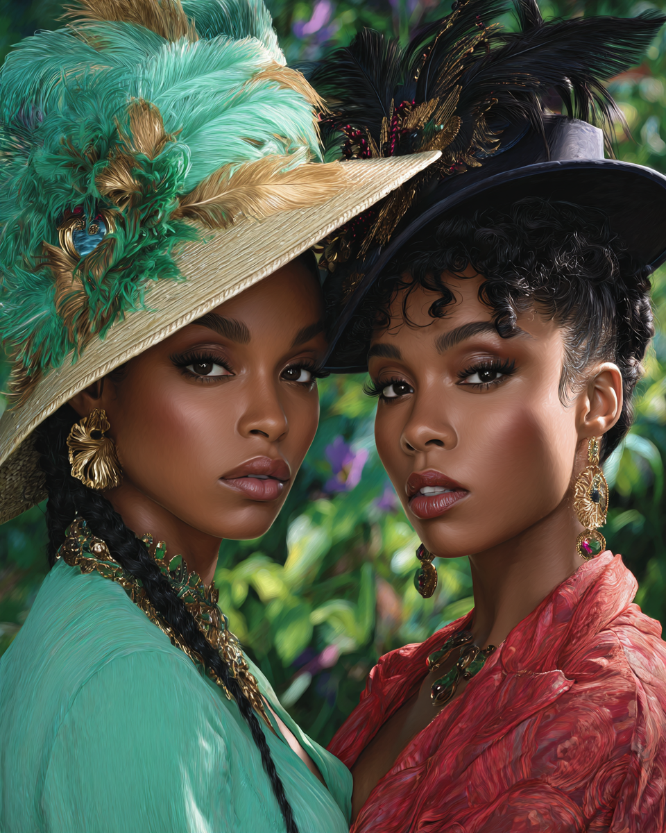 Two elegant women wearing ornate feathered hats in green and black, dressed in vibrant period-inspired attire.