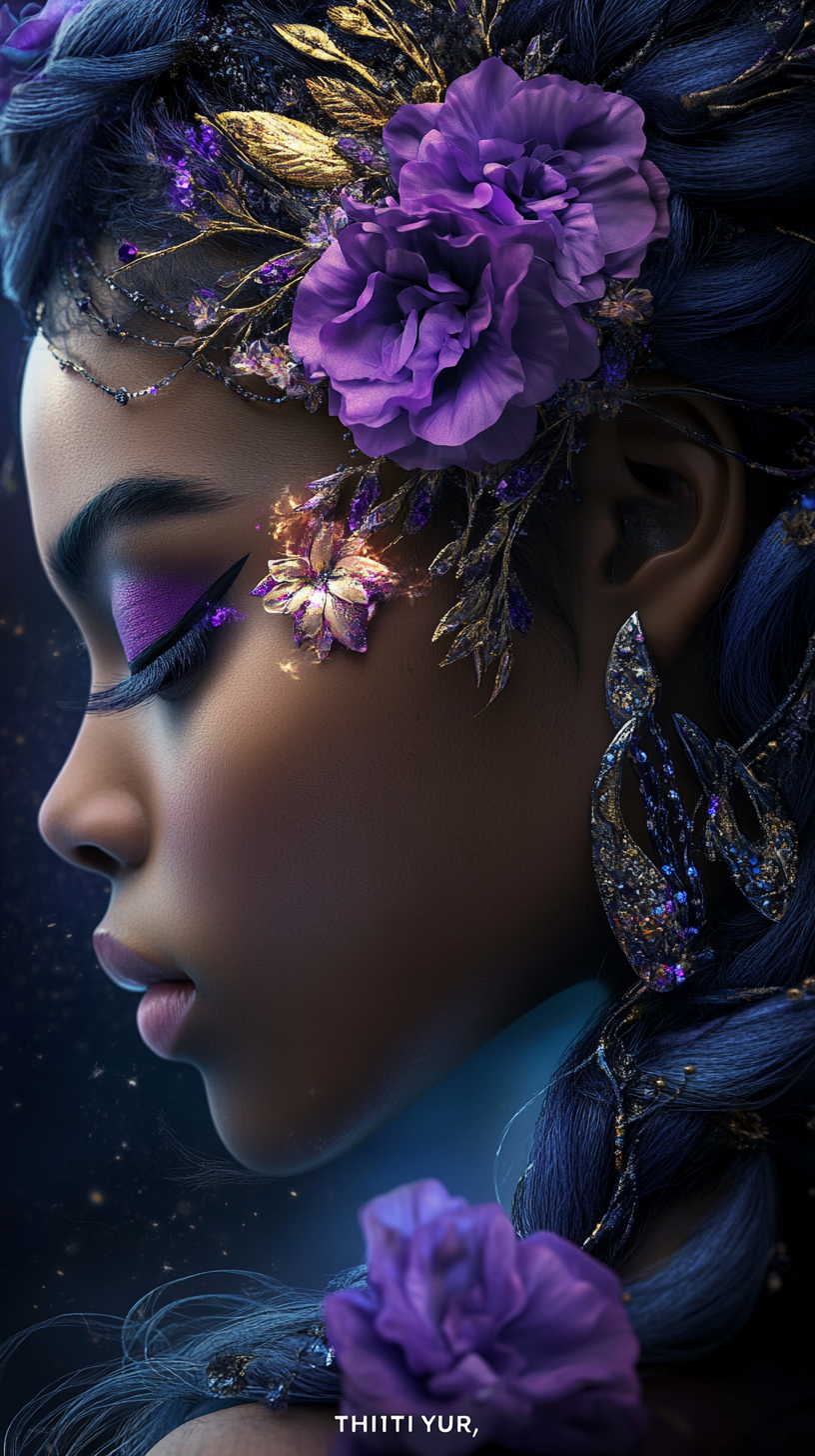 A profile portrait of a woman with purple flowers, gold leaves, and glowing butterfly adornments in her dark braided hair.
