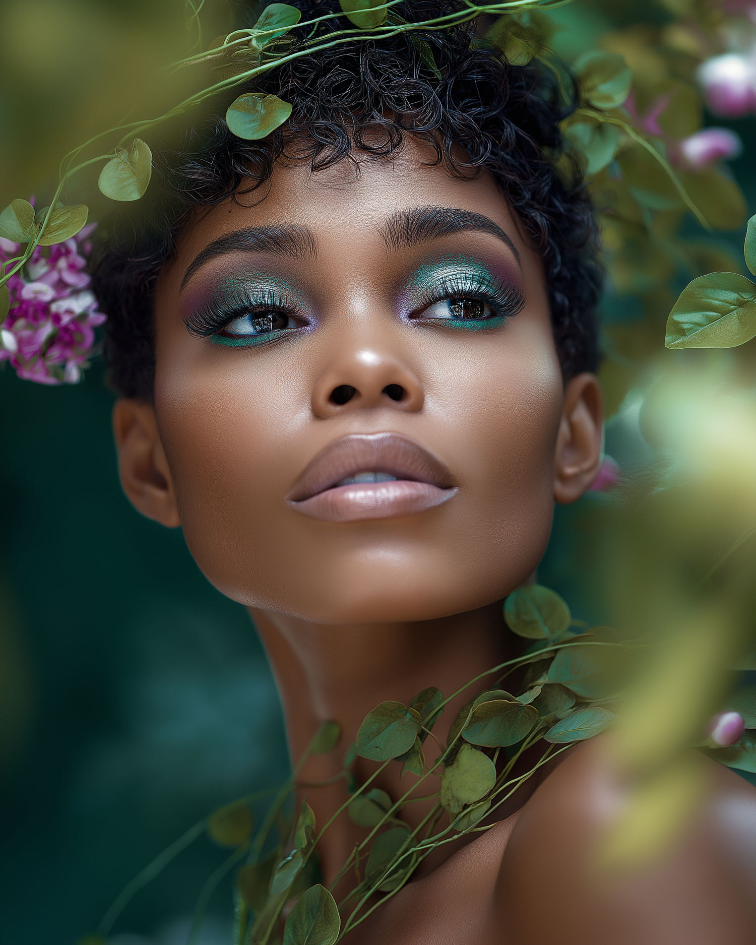 A stunning Black woman with short curly hair and green eyeshadow surrounded by lush foliage and pink flowers.