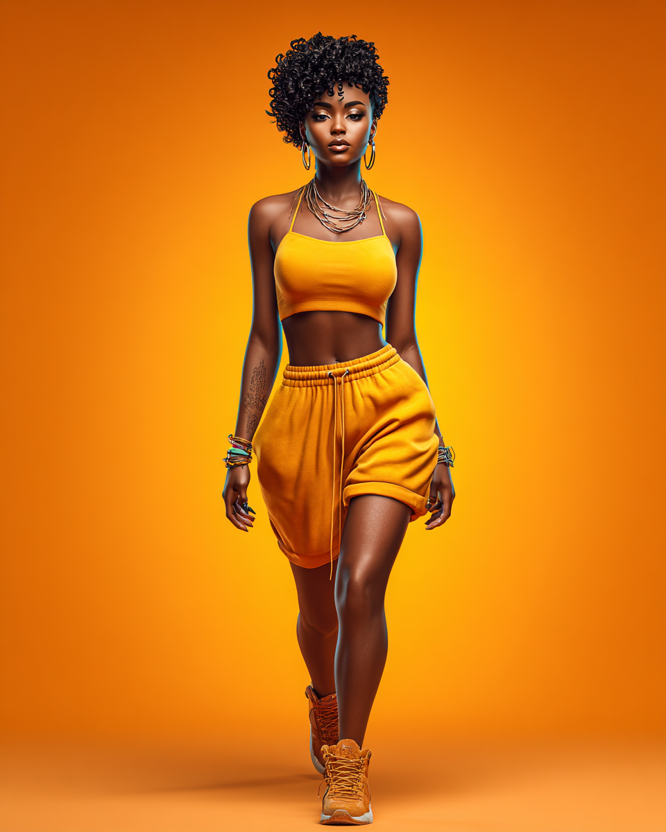 A stylish Black woman in a matching yellow crop top and shorts set with sneakers poses confidently on an orange background.