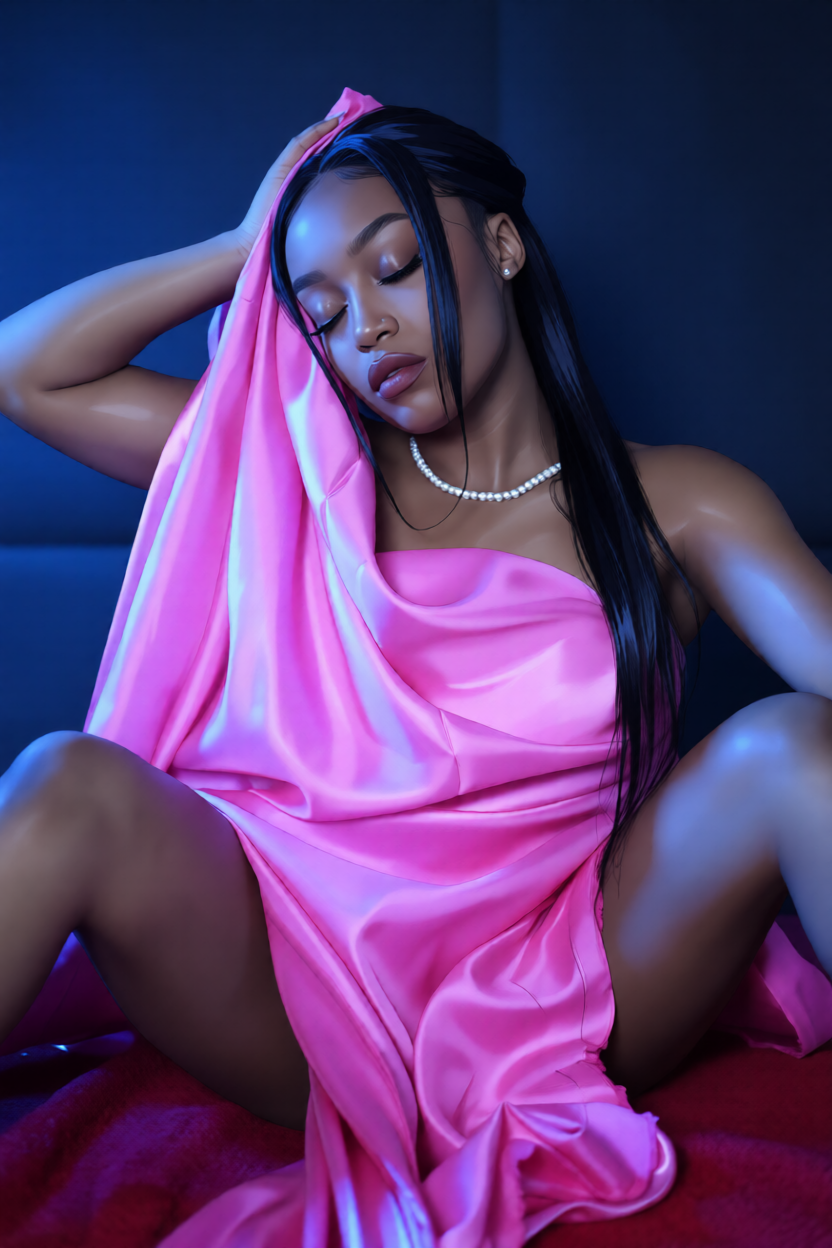Figure in pink silk dress poses dramatically against dark blue background. Close-up boudoir photography