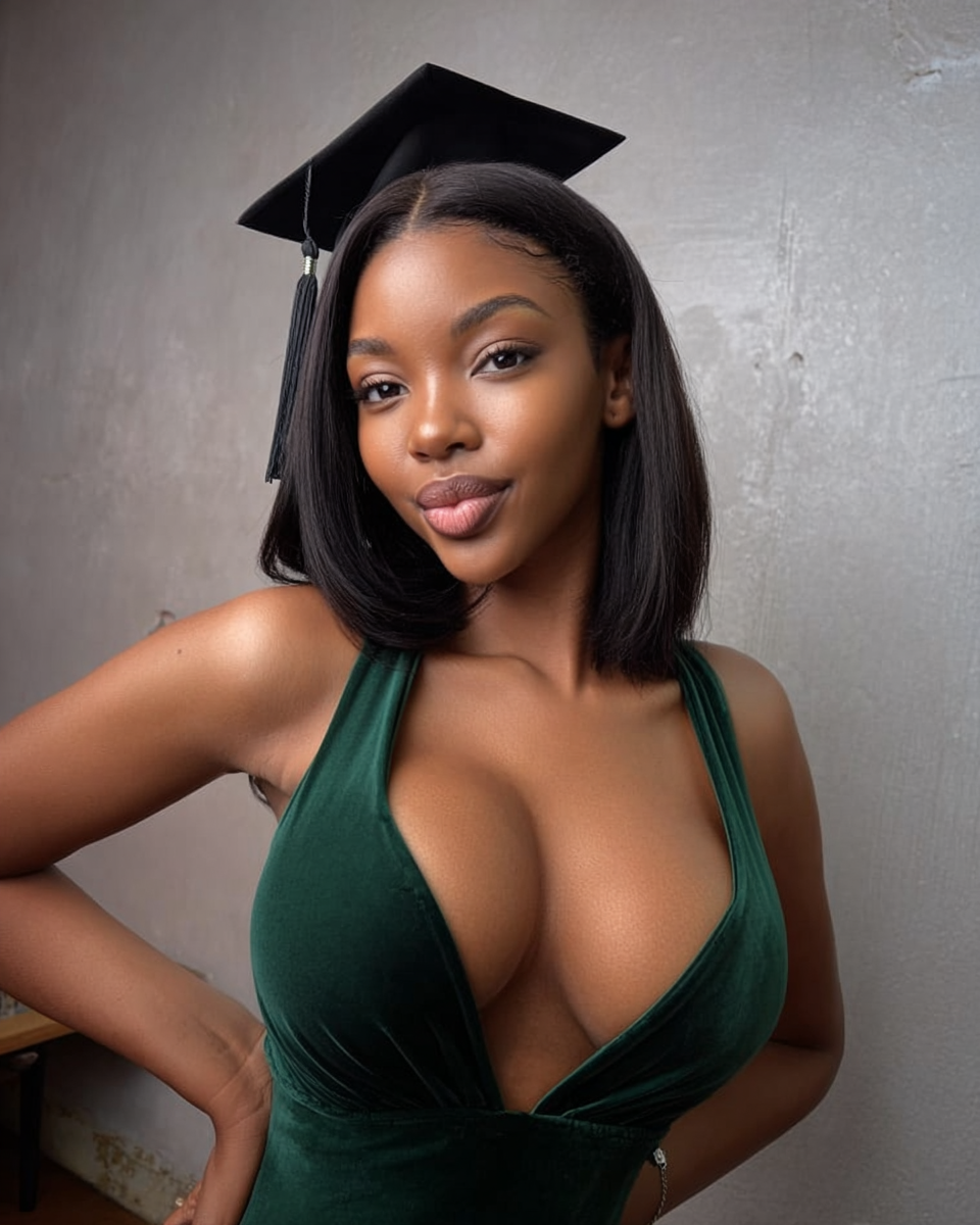 Young woman in green velvet dress and graduation cap posing confidently for a celebratory photo.