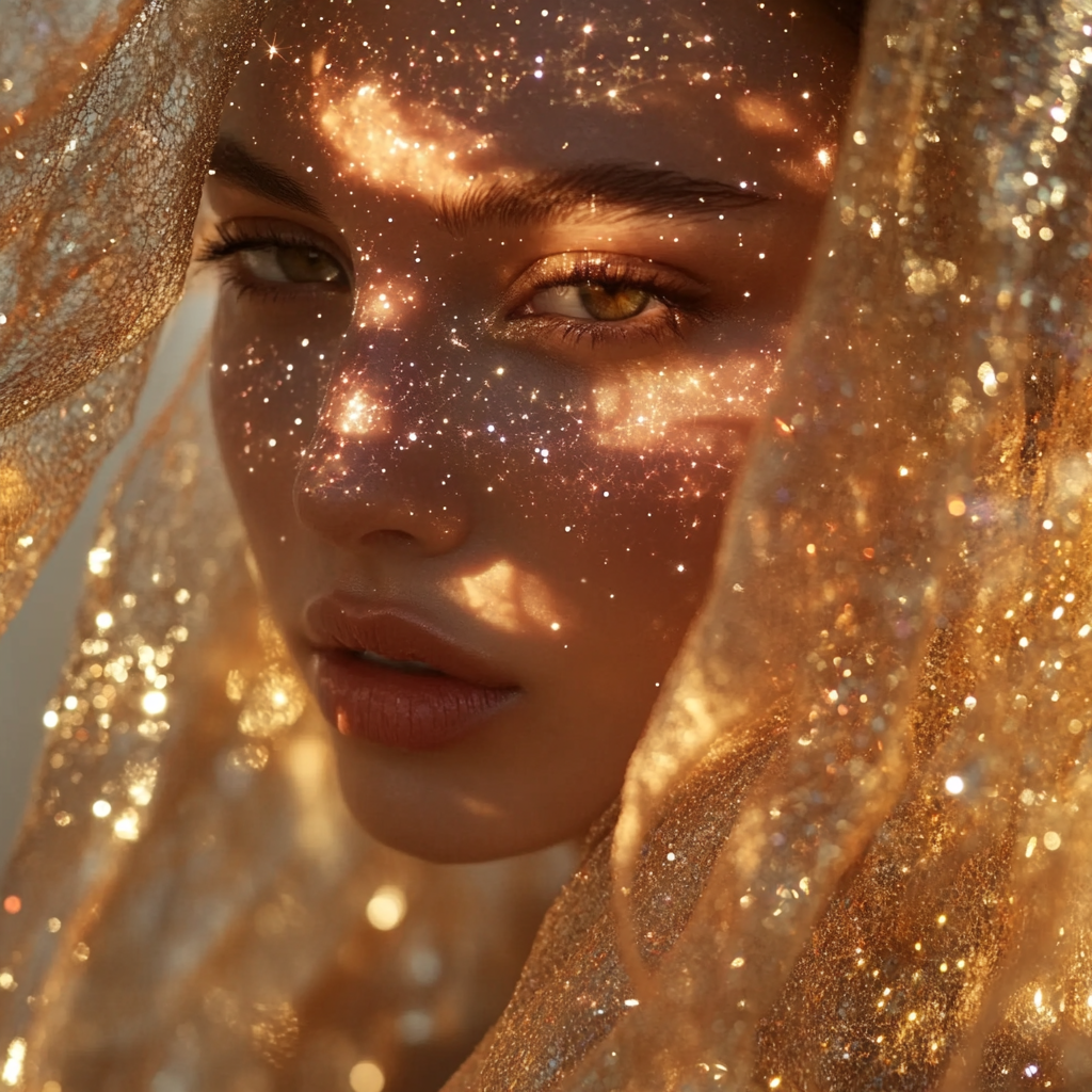 Close-up portrait of woman with golden glitter light reflections across her face draped in sheer gold fabric.