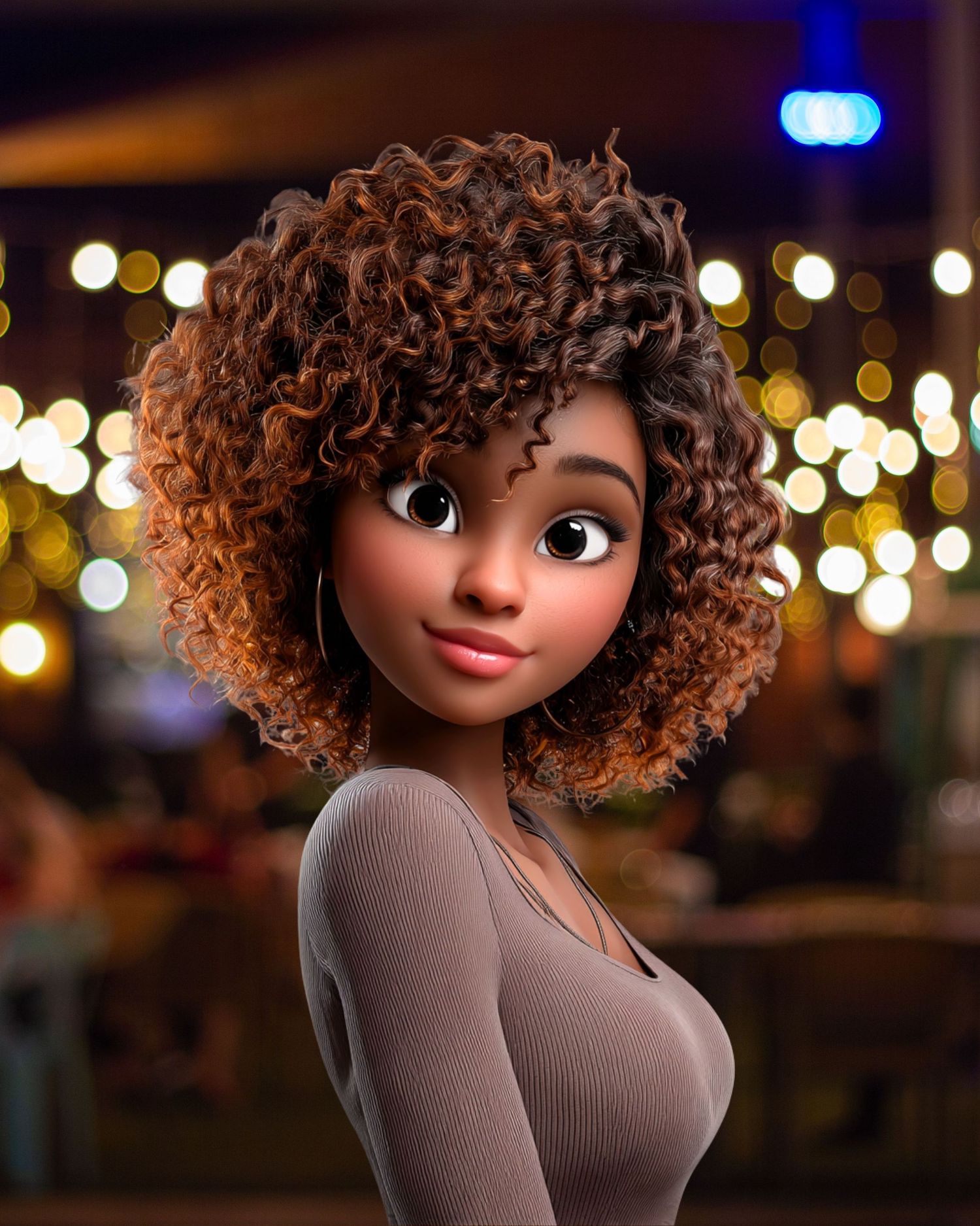 3D animated girl with curly brown hair wearing a gray top, posed against a bokeh light background.