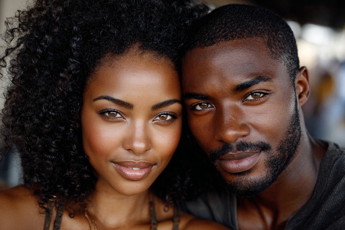 A young Black couple poses closely together, the woman with curly hair and the man with a beard, both smiling warmly.