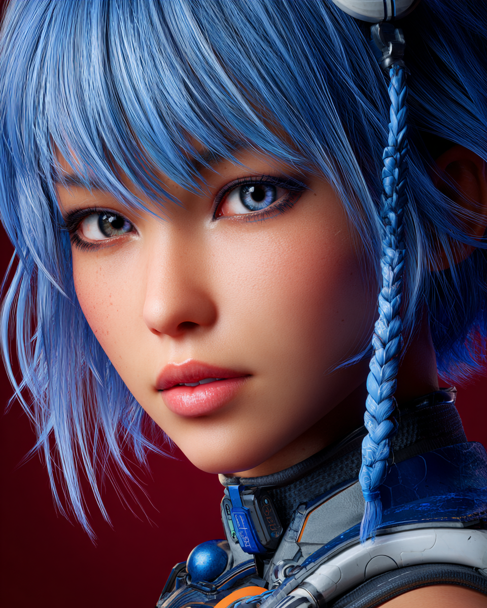 A digital art portrait of a girl with vibrant blue hair and a braid, wearing futuristic armor against a red background.