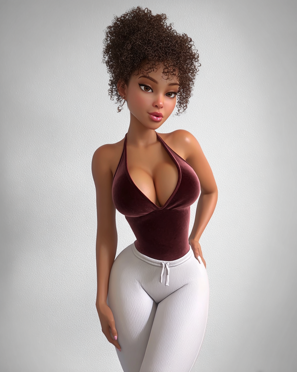 Animated Black woman with curly afro hair wearing burgundy velvet halter top and white pants in stylish pose.