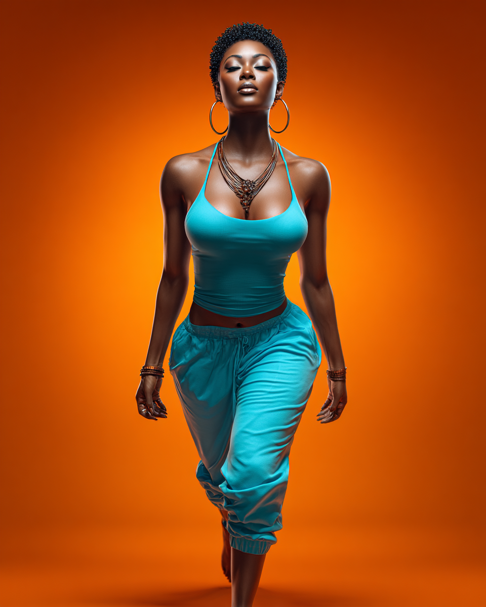 A confident Black woman in a teal halter top and joggers poses against a vibrant orange background wearing hoop earrings.