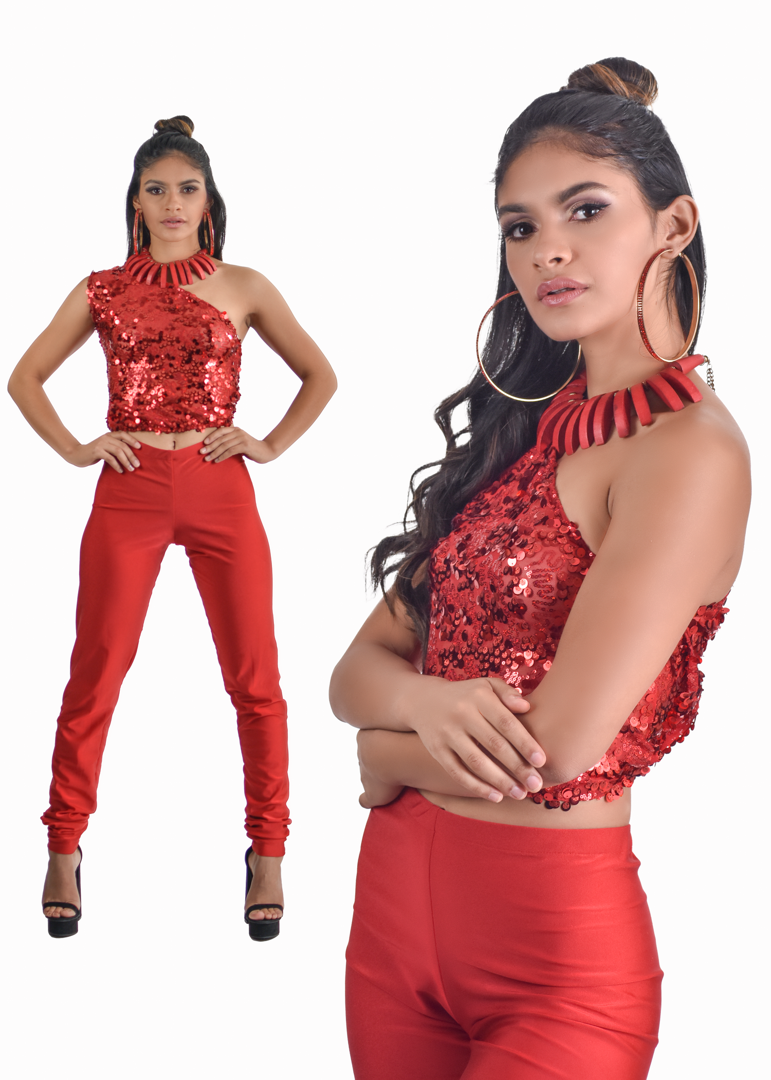Woman in a red sequin halter crop top, red high-waisted pants and statement collar necklace posing in full-length and close-up views.