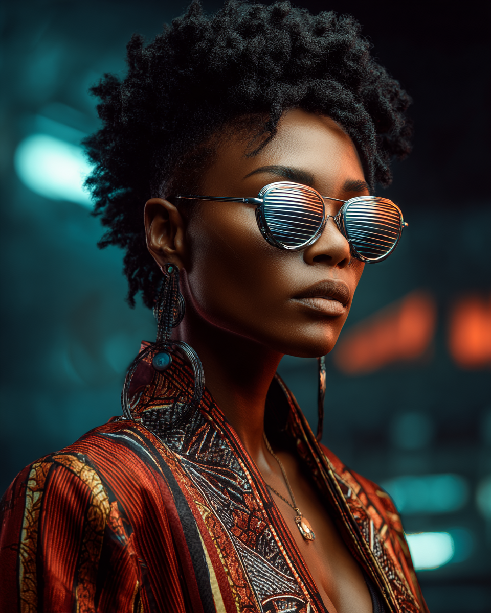 A stylish Black woman with natural hair wearing reflective sunglasses and vibrant African print jacket poses confidently.