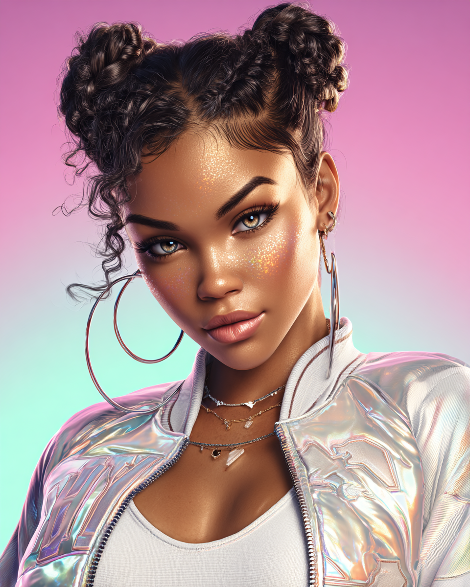 Young woman with space buns, glitter freckles, hoop earrings, and iridescent jacket poses against pink gradient background.
