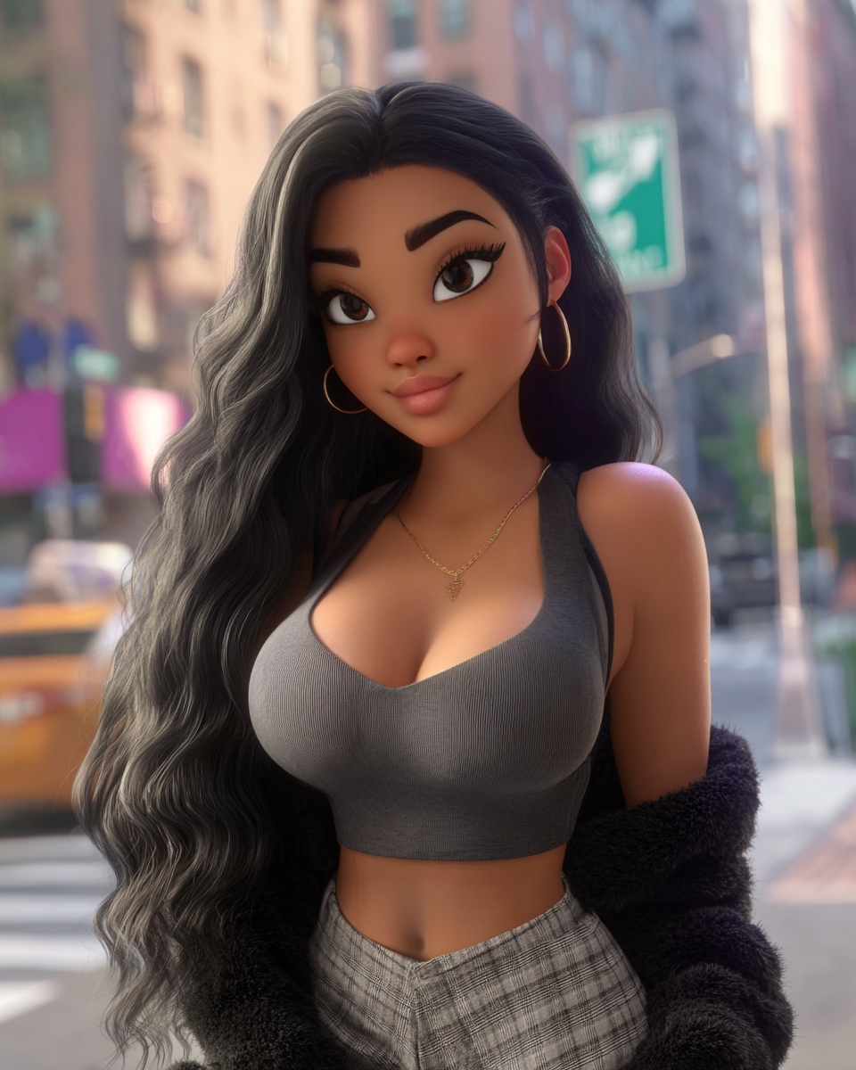 Animated 3D cartoon girl with long wavy black hair, gray crop top, plaid pants, hoop earrings, standing on city street.