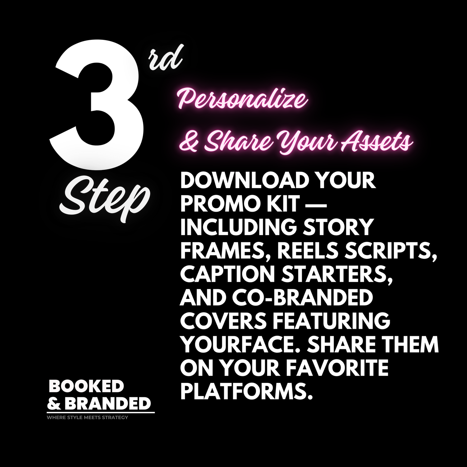 A black promotional image with white text describing Step 3 to download a promo kit for personalizing and sharing assets.