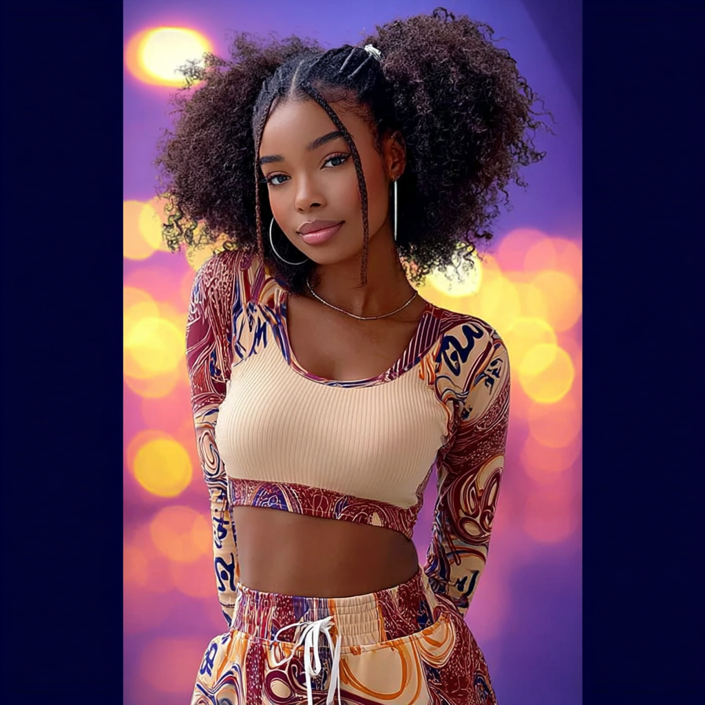 Young woman with curly hair wearing a colorful patterned outfit and crop top poses against bokeh lights.