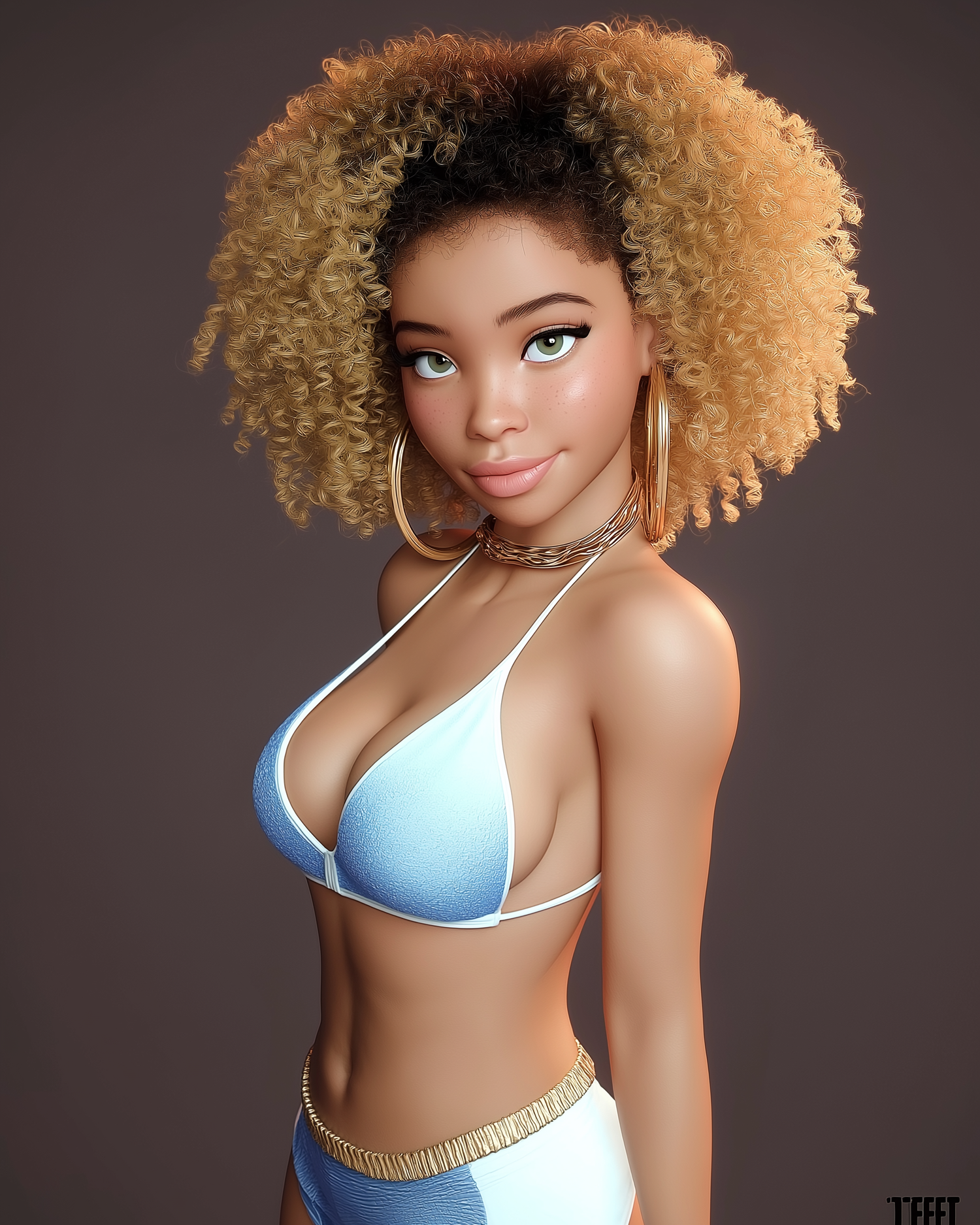 3D rendered animated girl with curly afro hair, hoop earrings, gold choker, and light blue bikini top on dark background.