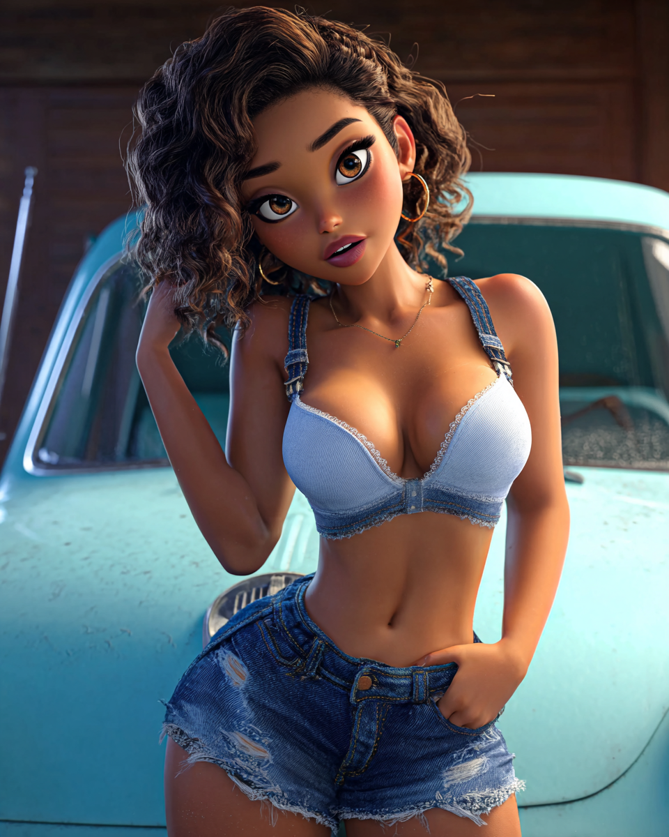 3D animated girl with curly hair in denim overalls and crop top poses near a vintage teal car.