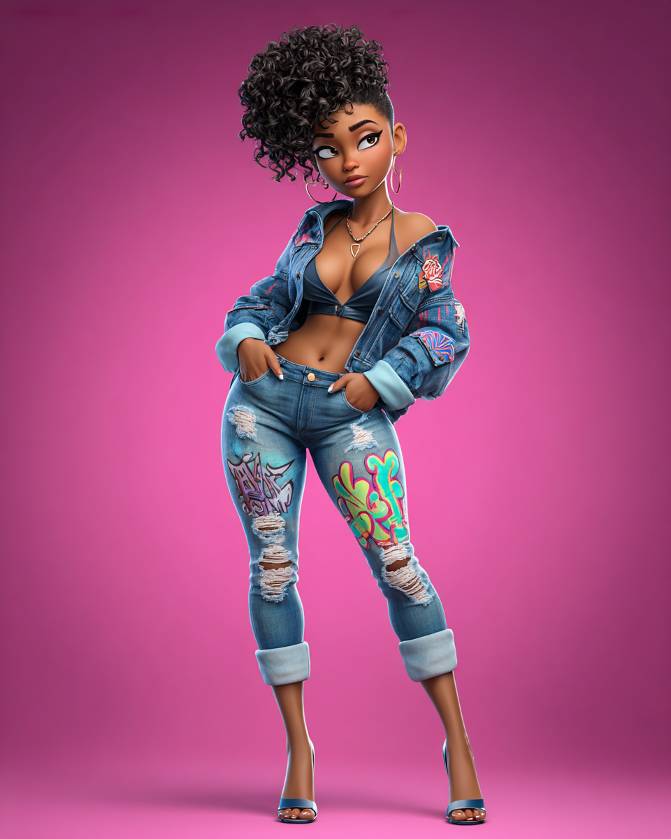 3D animated stylish woman in ripped denim jeans and jacket with colorful graphics, crop top, curly hair, pink background.