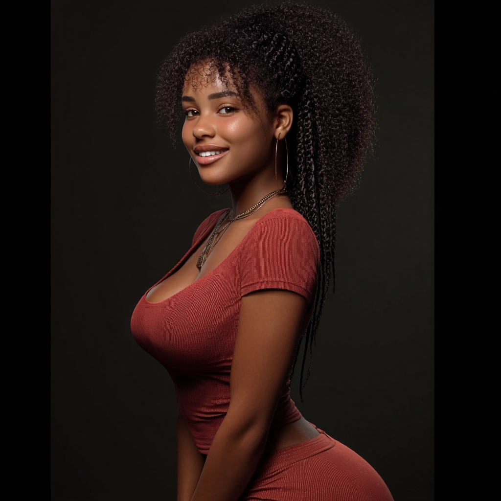 A young Black woman with curly hair in a red fitted dress poses confidently against a dark studio background.