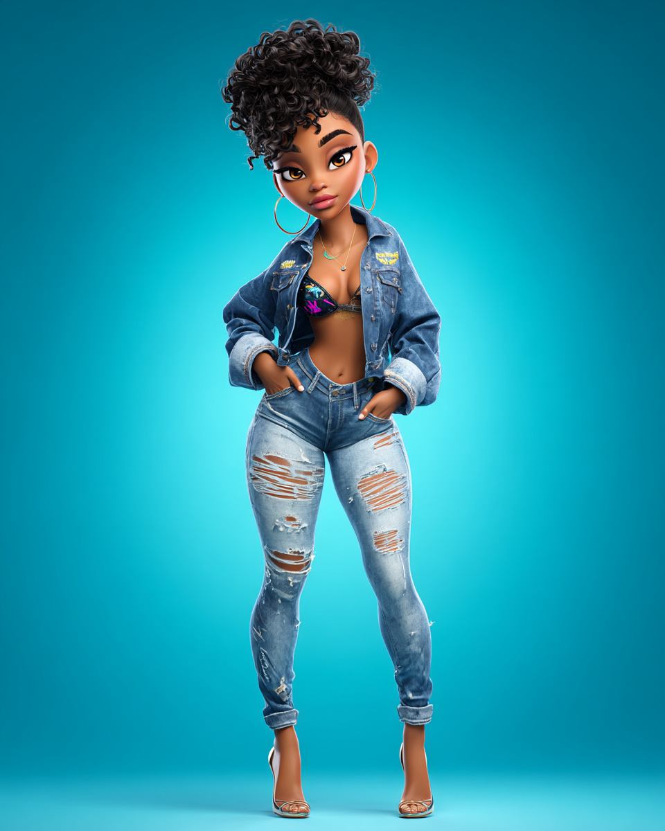 3D animated Black woman in ripped jeans, denim jacket, and heels with curly updo on teal background.