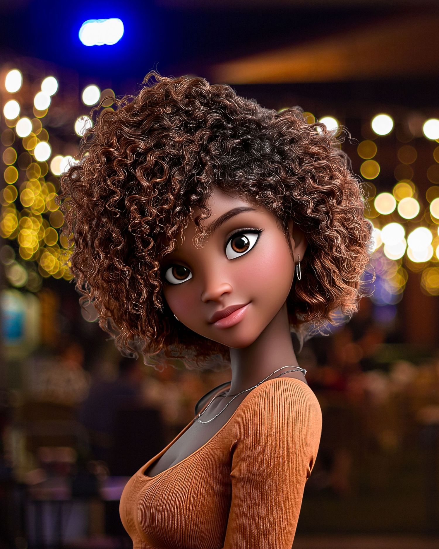 3D animated Black woman with curly brown hair wearing an orange top, posed against bokeh lights background.