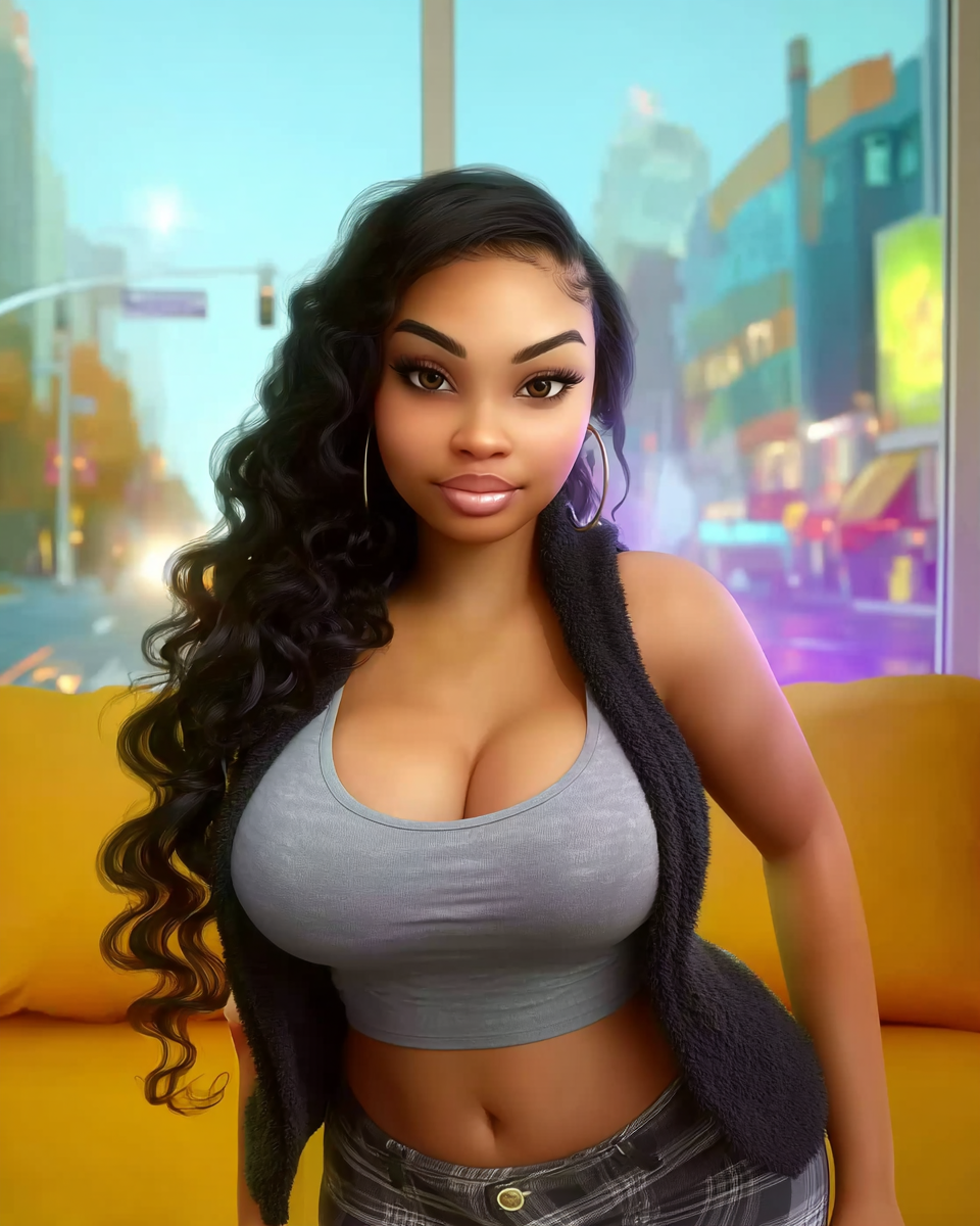 3D animated Black woman with long wavy hair wearing a gray crop top seated on a yellow couch.