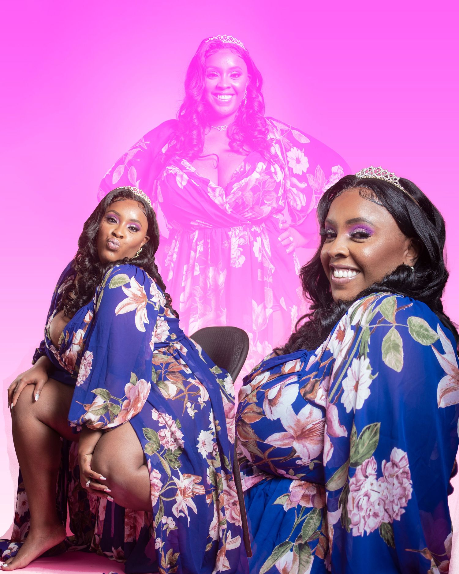 Fashion model poses in blue floral dress against bright pink background in multiple dynamic poses.