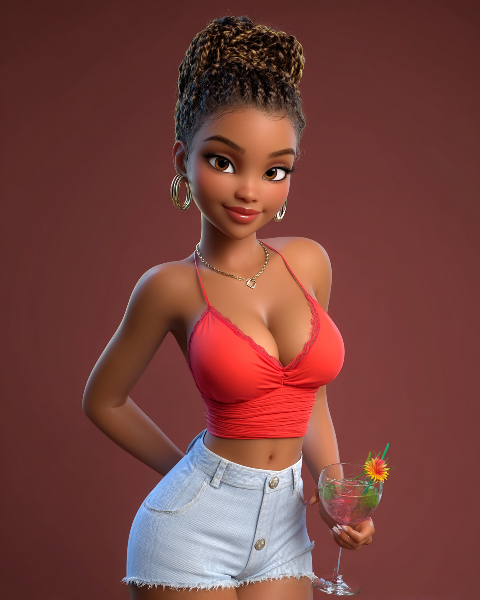 3D animated girl with braided updo, red crop top, denim shorts, holding a cocktail glass on dark red background.