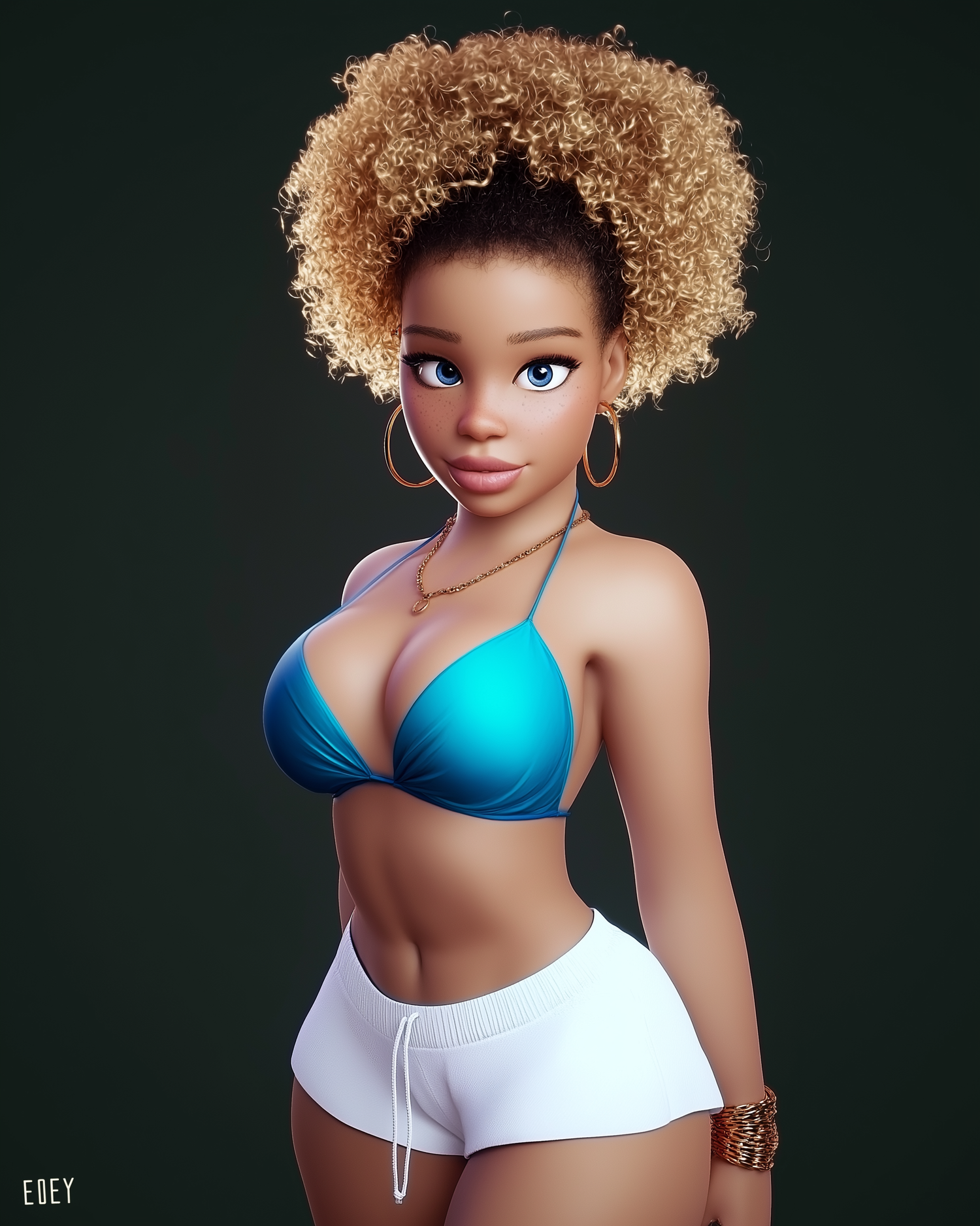 3D animated curly-haired woman in blue bikini top and white shorts with hoop earrings and bracelet.