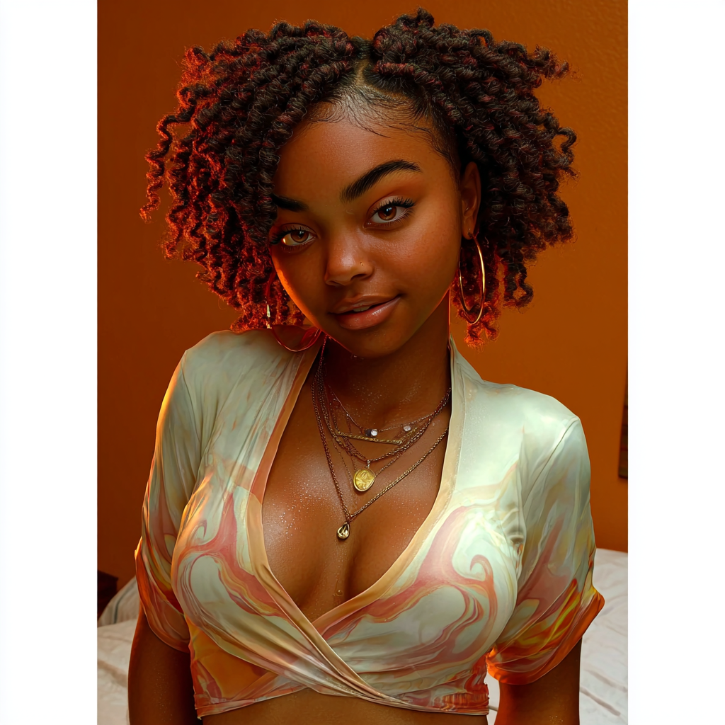 Young Black woman with curly locs hairstyle wearing a colorful swirl crop top and gold hoop earrings.
