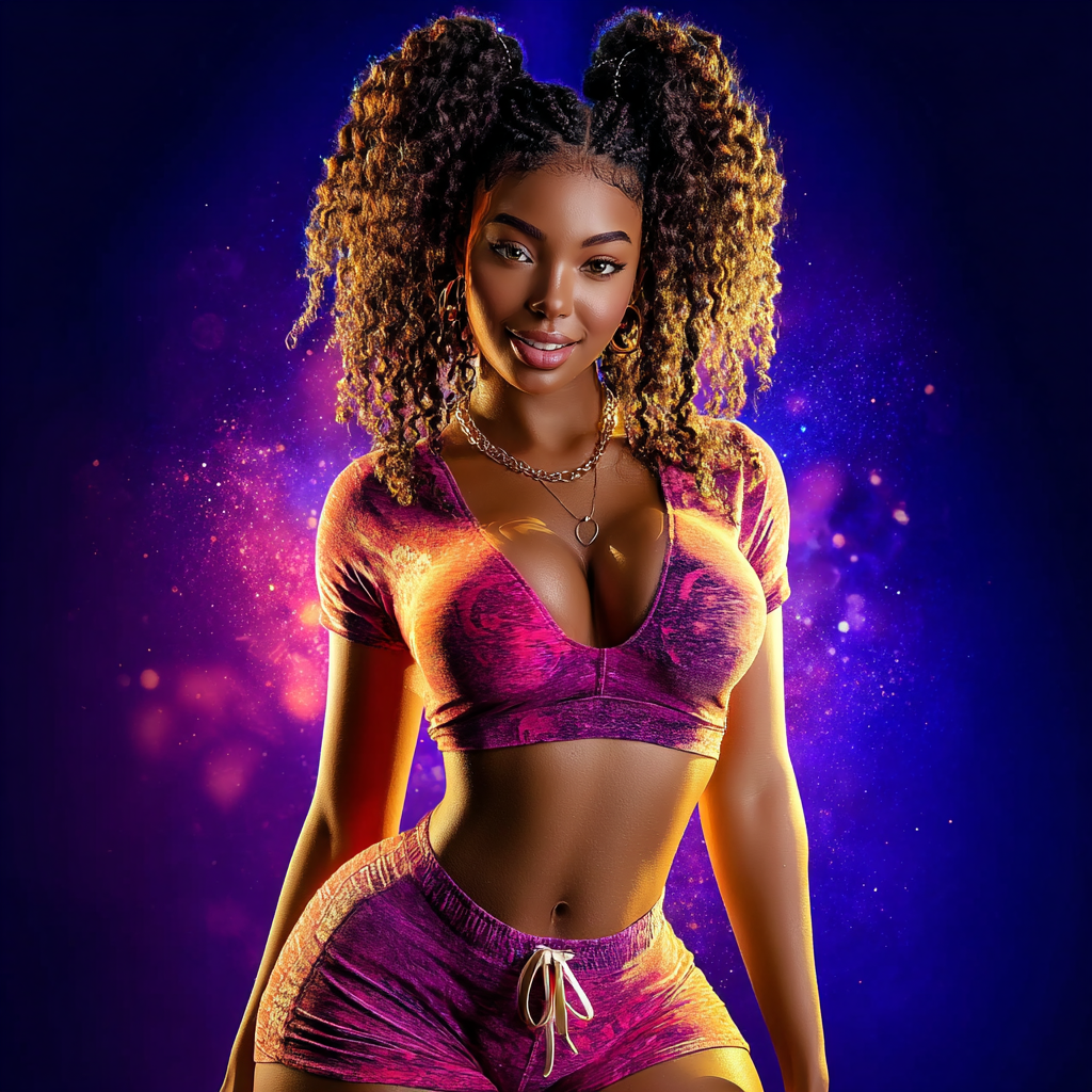 A confident young woman with curly pigtails wearing a pink crop top and matching shorts poses against a vibrant purple background.