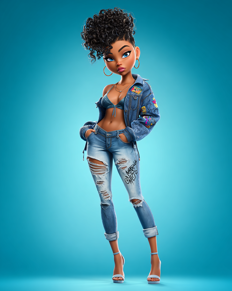 3D animated Black girl character in ripped denim jacket and jeans with curly updo on teal background.