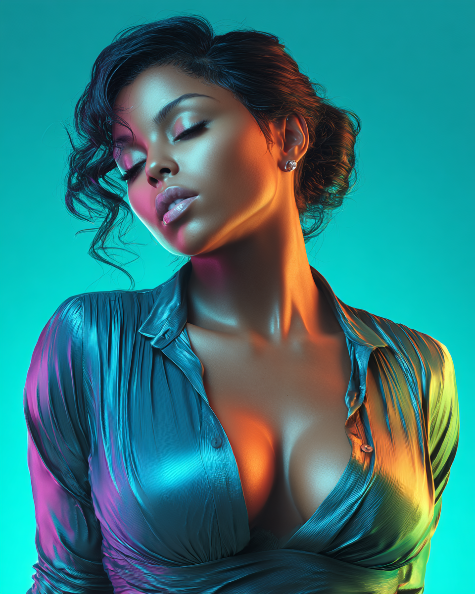 A woman in a metallic deep-V blouse poses with eyes closed under vibrant teal and orange studio lighting.